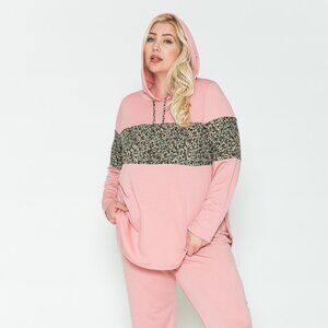 Plus Size Pink (Small Leopard Print) Detail Printed Hoodie & Pants Sets